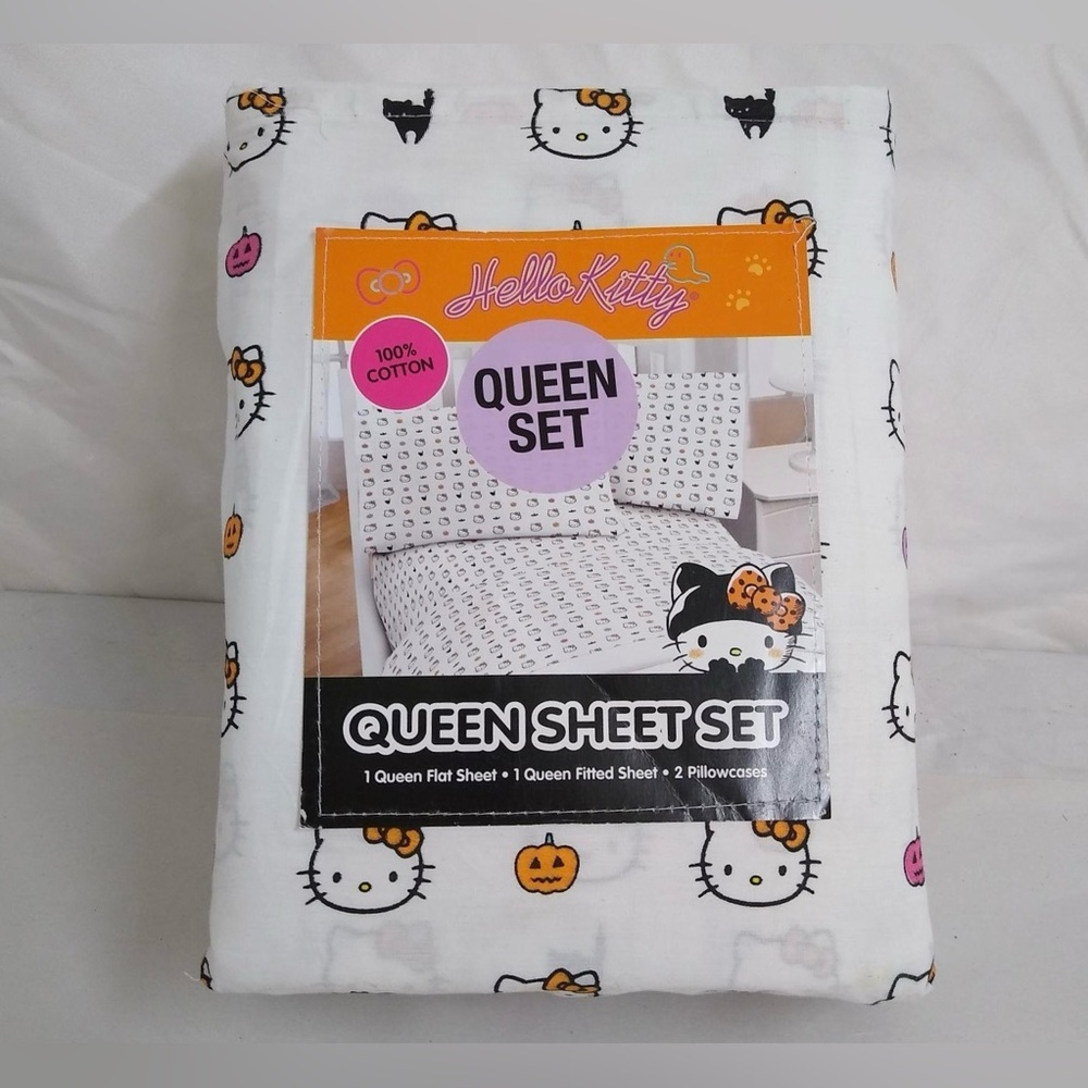 NEW Hello Kitty Halloween Queen Sheet Set Pumpkins & Cats 100% Cotton Bedding